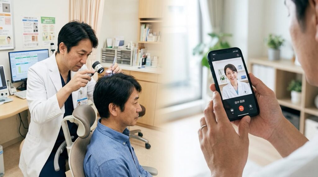 左半分に白衣の男性医師がクリニックで患者の頭皮を診察するシーン、右半分にスマートフォンでオンライン診療を受ける男性の手元。中央でグラデーション分割された横長の比較画像