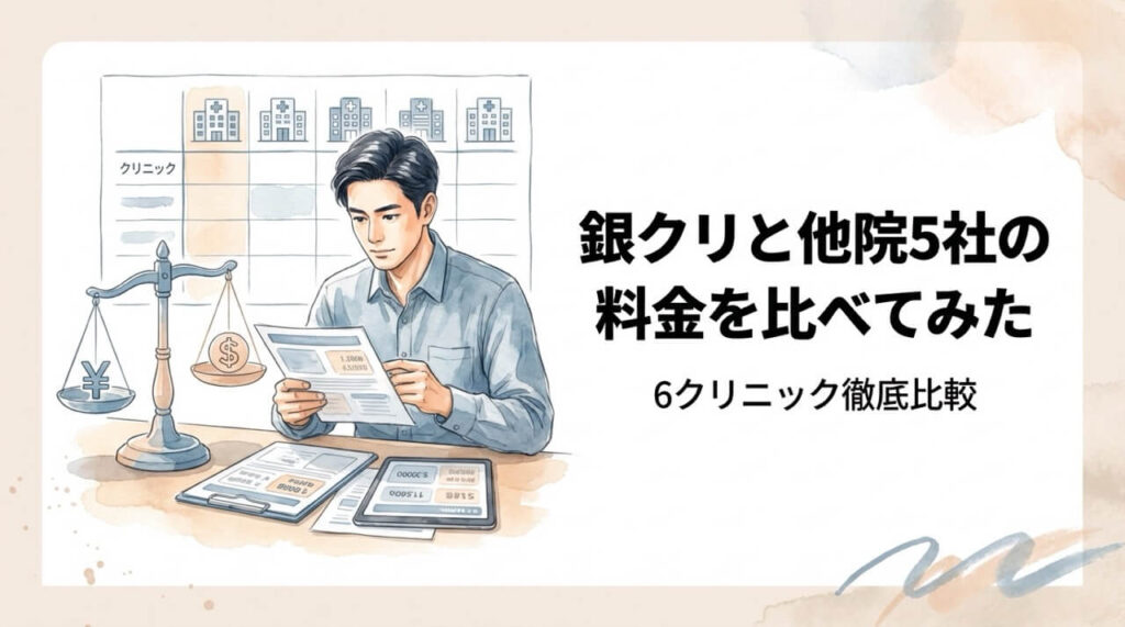料金資料やタブレットを比較する男性と天秤や比較チャート。右側に「銀クリと他院5社の料金を比べてみた」「6クリニック徹底比較」のテキスト