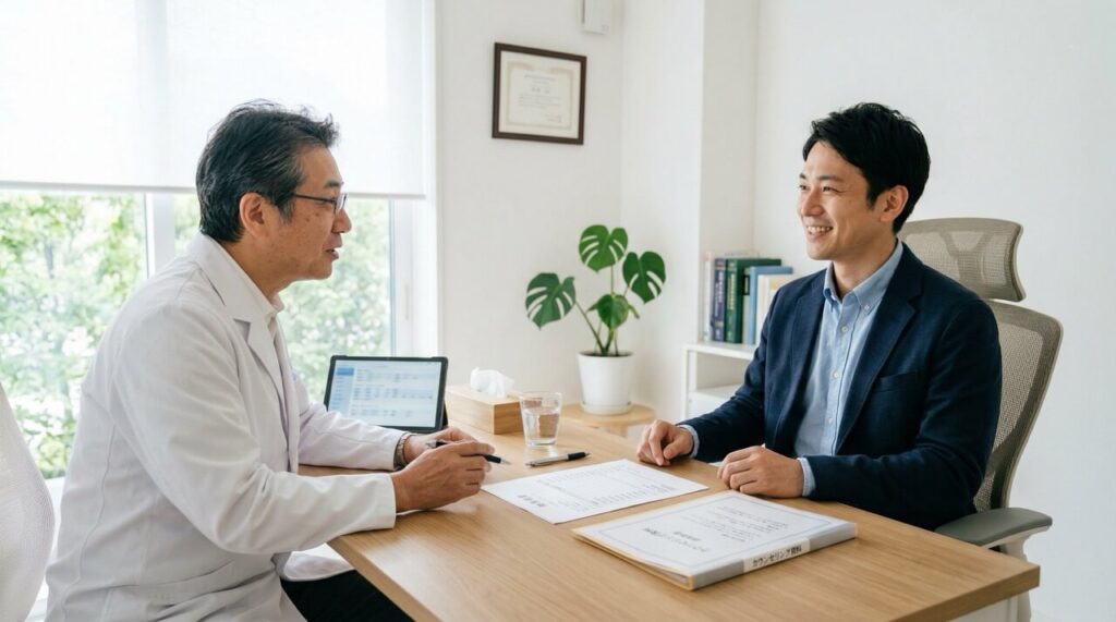 清潔感のある白い個室でテーブルを挟み医師の説明を聞きながら安心した表情でうなずく30代日本人男性。テーブルの上にカウンセリング資料と見積書。やわらかい間接照明の横長写真