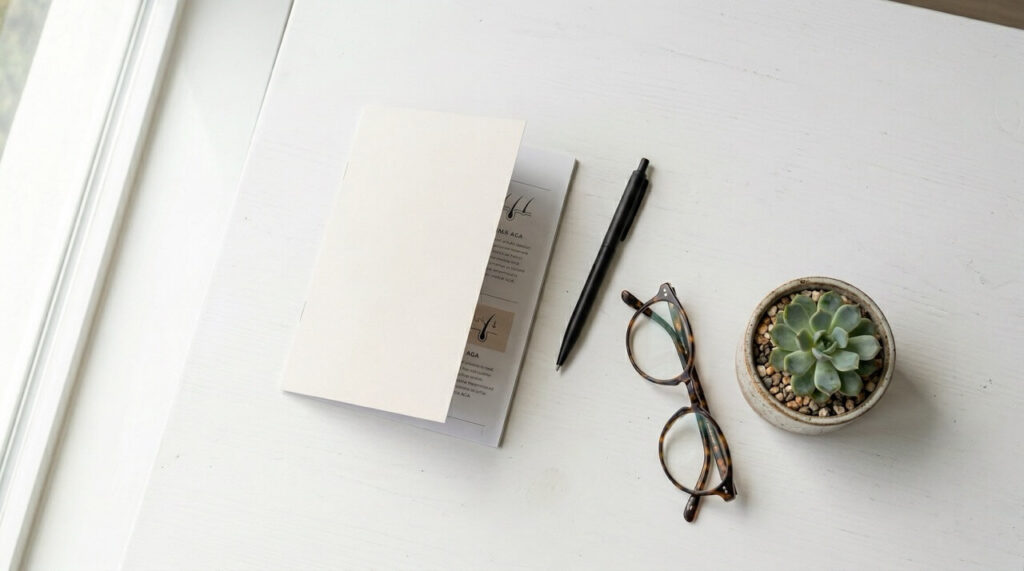 白い天板の上にAGA治療パンフレット・ペン・メガネ・小さな観葉植物が整然と並んだ俯瞰フラットレイ。横からのやわらかい自然光が当たるミニマルで落ち着いた横長画像