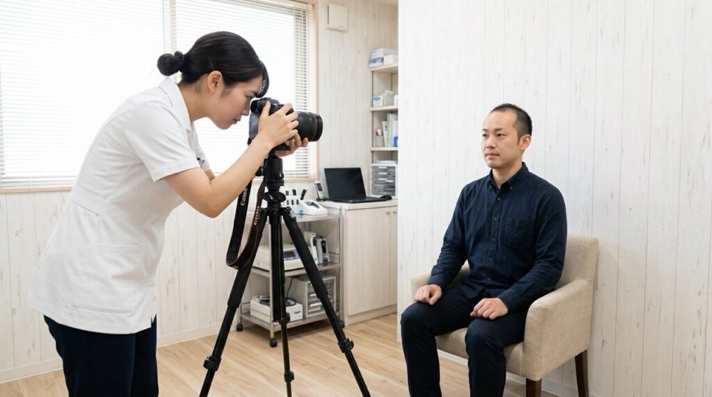 白い木目調の清潔な個室で、白い制服を着た20代の女性スタッフが三脚に固定した一眼レフカメラを操作し、約2メートル先の椅子に正面を向いて座る30代日本人男性の頭皮と髪の状態を撮影しているシーン。やわらかい照明で明るく清潔な室内