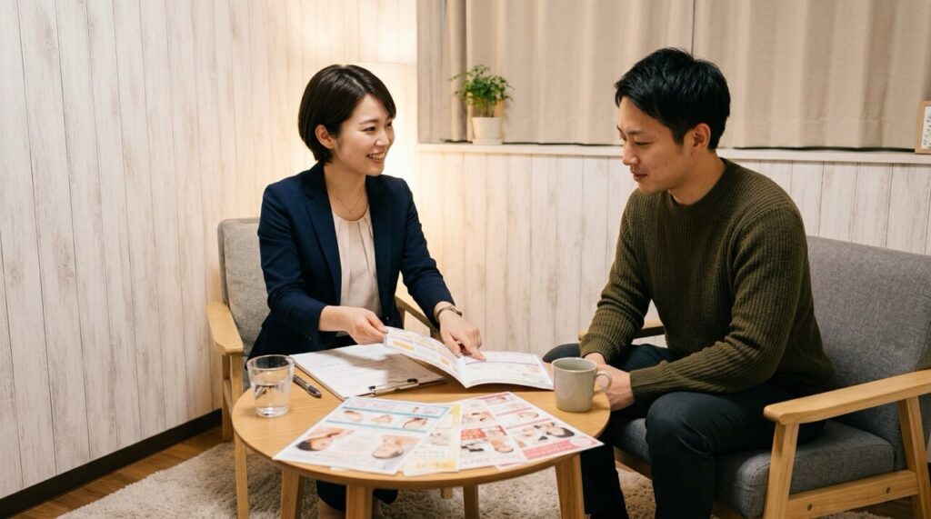 白い木目調の清潔な個室で、小さなテーブルを挟んで20代半ばの日本人女性カウンセラーと30代日本人男性が対面で座っている。カウンセラーがパンフレットを広げながら治療プランを丁寧に説明中。テーブルの上にはカウンセリング資料・キャンペーンチラシ・施術案内パンフレットが置かれ、やわらかい間接照明の穏やかな空間