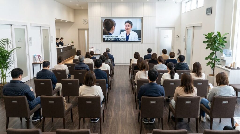 後方から正面ディスプレイ方向を見た日本の美容クリニック待合室の全景。腰高の背もたれ付きダークブラウンの椅子が整然と並び約7割の座席に男女が同じ方向を向いて着席。正面上方の大型ディスプレイには白衣の男性医師がインタビューを受ける動画がぼかして映し出されている。白い木目調の壁・白い引き戸の診察室・観葉植物が配置されたすっきりとした明るい空間