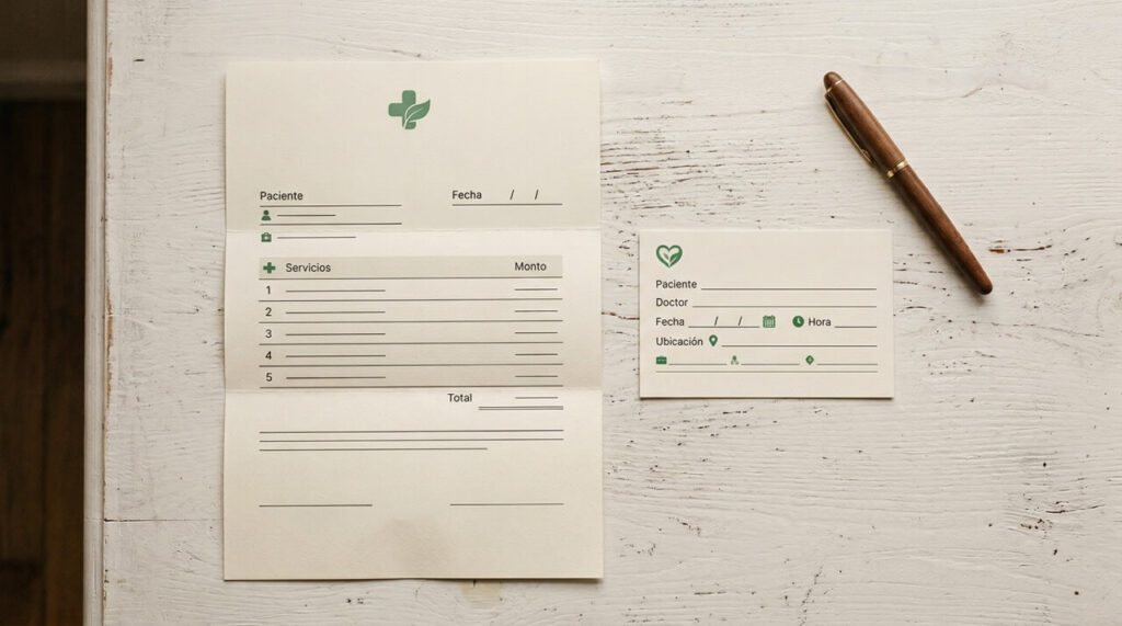 白いテーブルの上に置かれた診察見積書とクリニックの診察券を真上から撮影したフラットレイ。やわらかい自然光と温かみのある色調で落ち着いた雰囲気