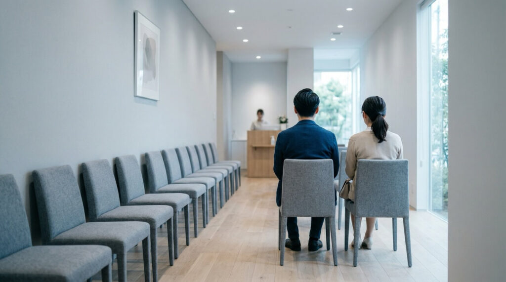 モダンな医療クリニックの待合室を離れた位置から撮影。仕切りのないオープンな空間に男女が並んで座る後ろ姿。やや冷たいブルーグレーの色調で考え込む雰囲気の横長写真
