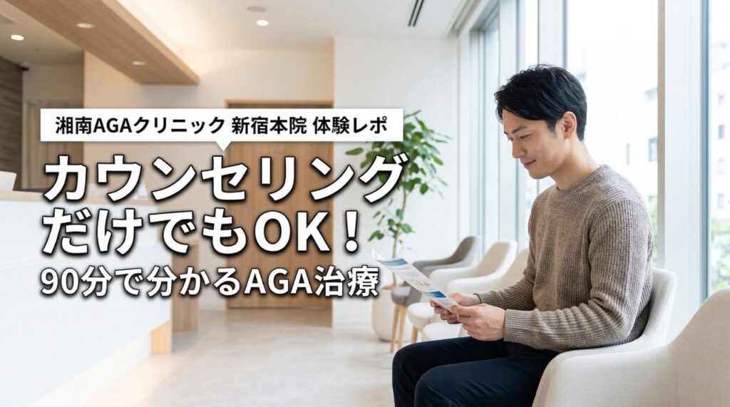 白を基調とした清潔感のあるクリニックの待合室に座る30代日本人男性。手元にカウンセリング書類を持ち安心した表情。「カウンセリングだけでもOK！」「90分で分かるAGA治療」のテキストが重なる横長写真