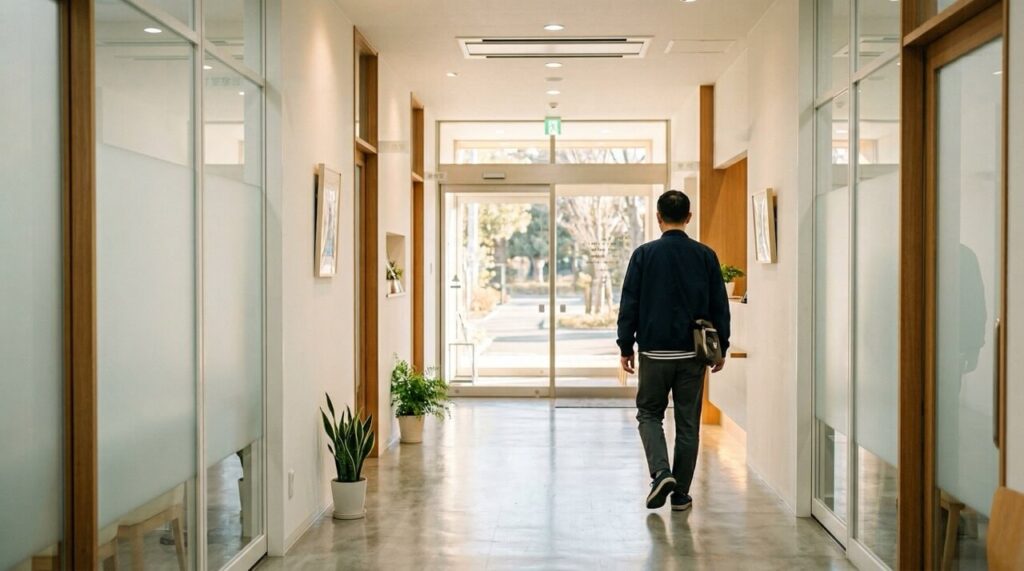 明るいモダンな日本の医療クリニックの廊下。ガラスドアと白い壁の中、一人の男性が入口へ向かって歩く後ろ姿。朝の光が差し込むエディトリアルフォト風の横長画像