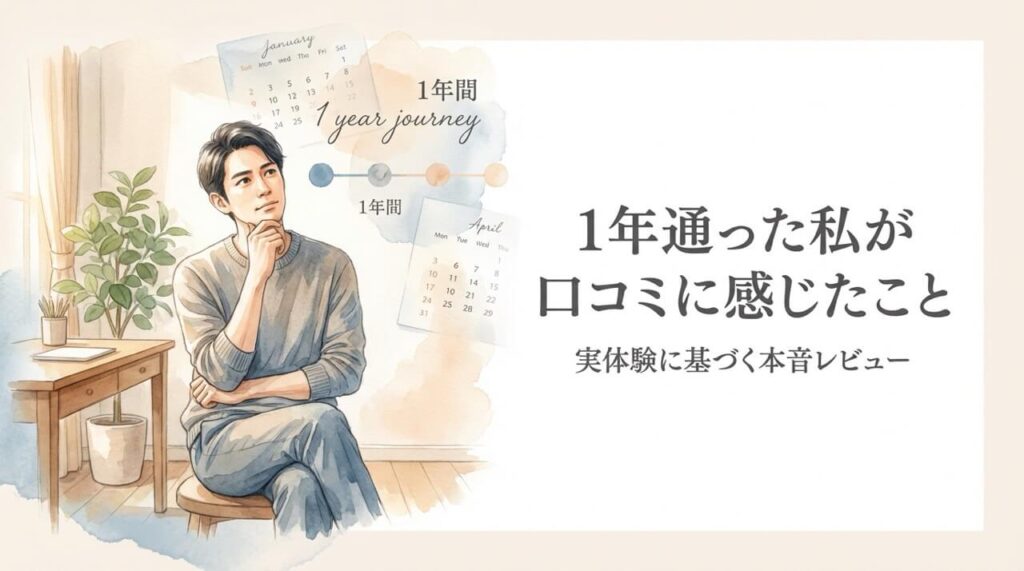 考え込む表情の男性と背景にカレンダーやタイムライン要素。右側に「1年通った私が口コミに感じたこと」「実体験に基づく本音レビュー」のテキスト