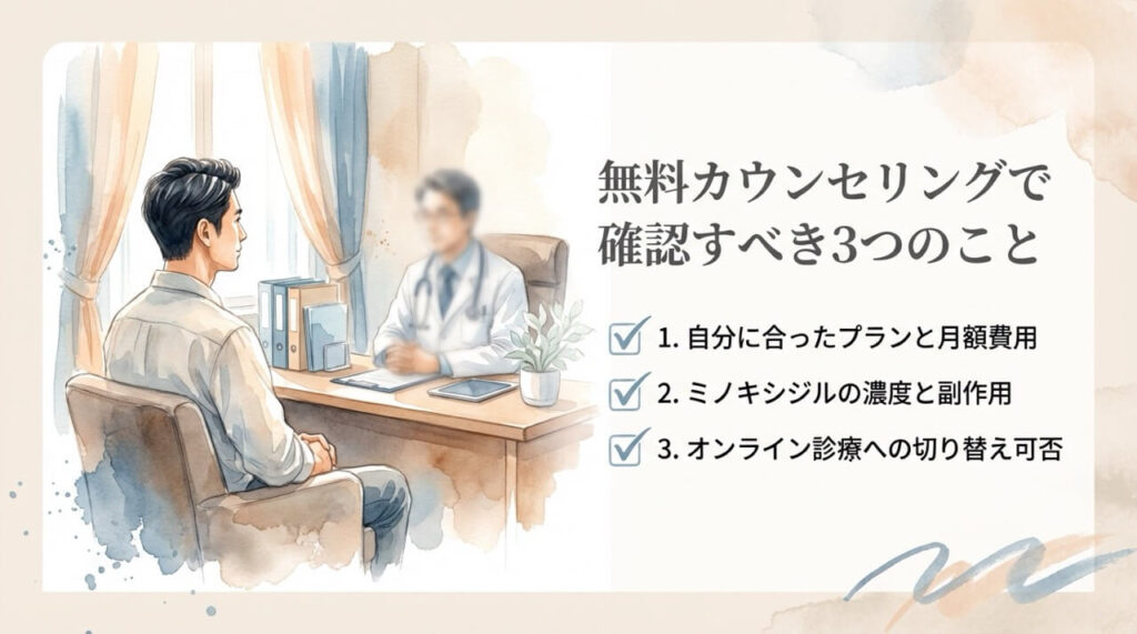 診察室で医師と相談する男性のイラスト。右側に「無料カウンセリングで確認すべき3つのこと」として、プランと費用、ミノキシジルの副作用、オンライン診療の可否が箇条書きで表示されている