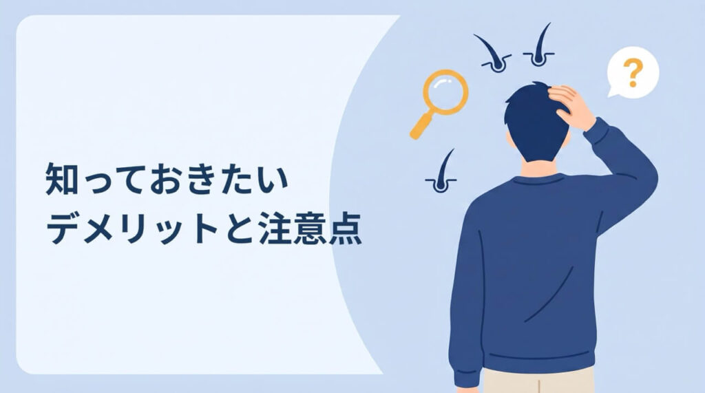 AGAヘアクリニック秋葉原本院のデメリットと注意点を示すイラスト（薄毛を気にする男性）
