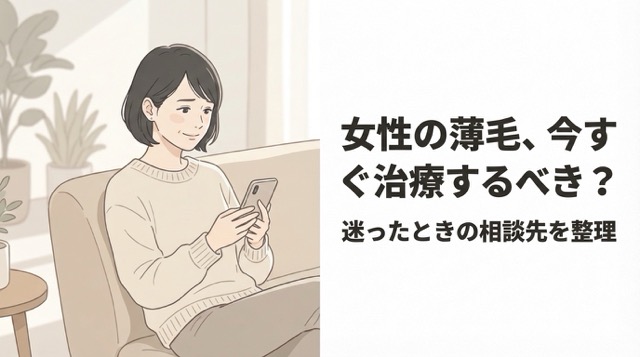 女性の薄毛治療を始めるか迷い、オンライン診療で相談する様子