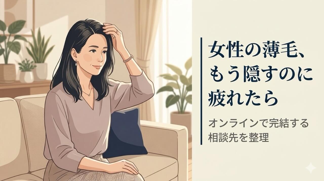 分け目を気にして髪に手をやる40代女性が、リビングのソファで穏やかに微笑んでいる様子