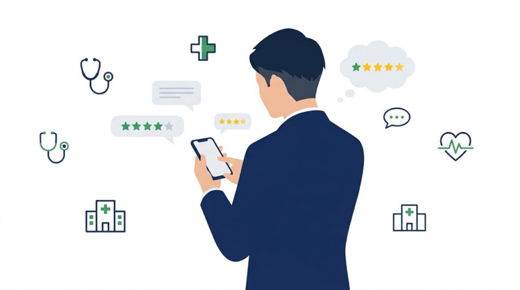 ネイビーのスーツを着た30代男性がスマホを待ち噂や口コミなどを空くルールしてやや不安そうなイラスト