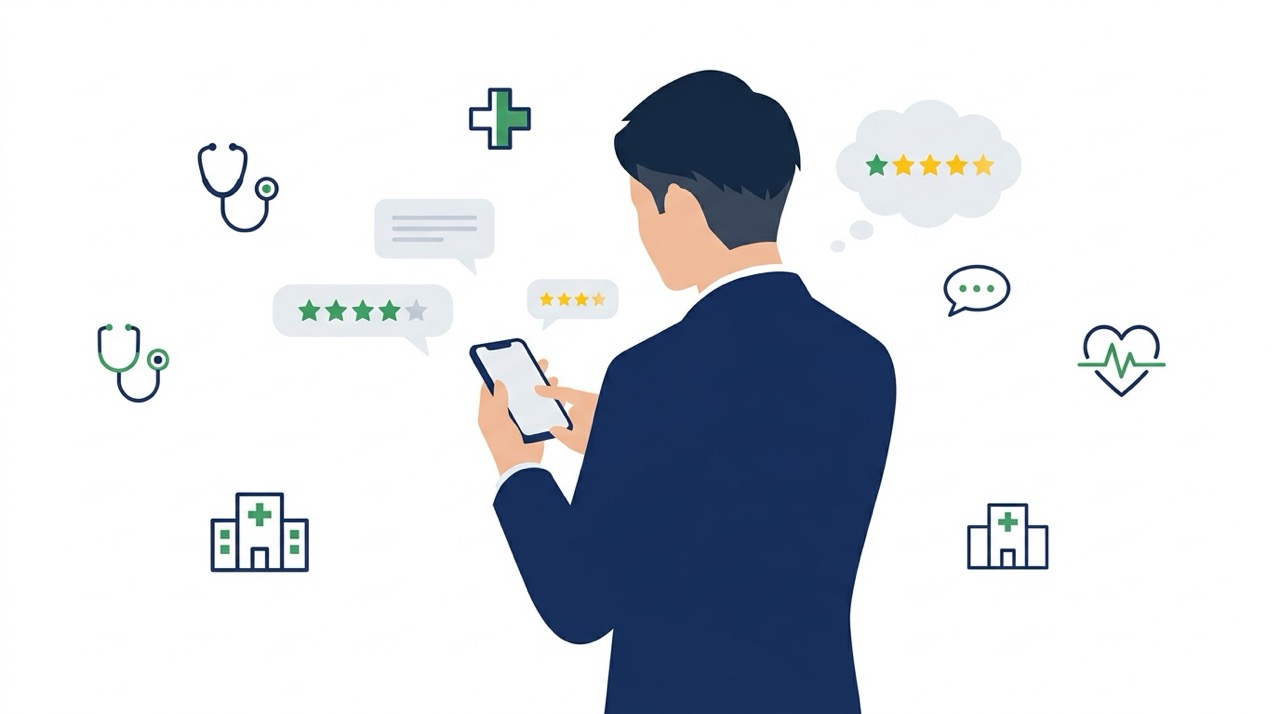 ネイビーのスーツを着た30代男性がスマホを待ち噂や口コミなどを空くルールしてやや不安そうなイラスト