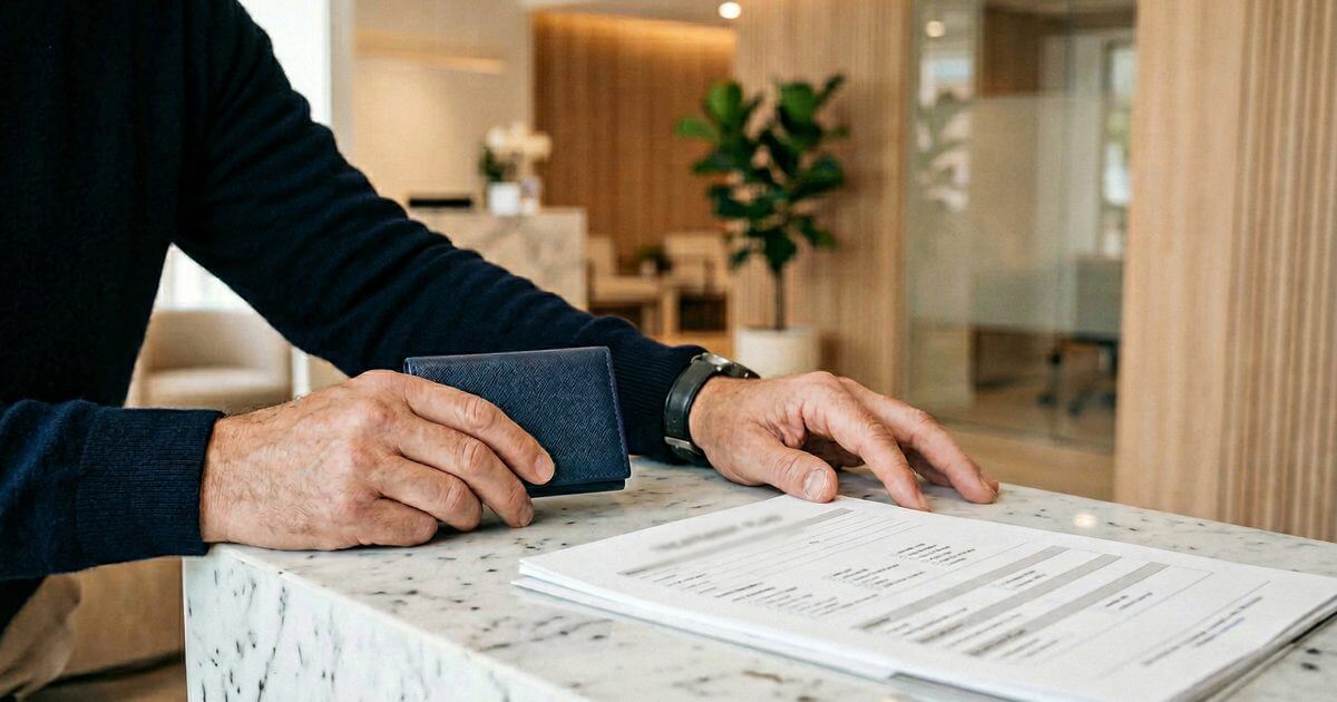 クリニックの相談デスクで、治療プラン資料を前に料金や診察内容を検討する男性の手元