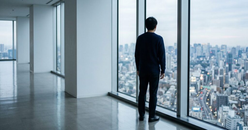 高層ビルの窓辺で外を見ながら、自分に合うクリニックかどうかを考える男性の後ろ姿