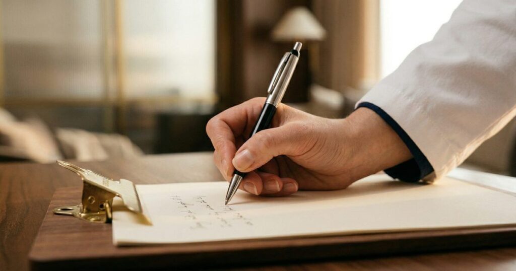 クリニックの診察室で、医師がクリップボードにメモを取りながら丁寧に対応している様子