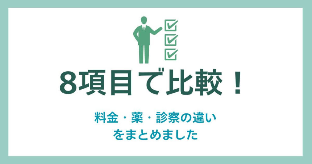 DMMオンラインクリニックとレバクリを料金・薬・診察の違いで8項目で比較しているイラスト