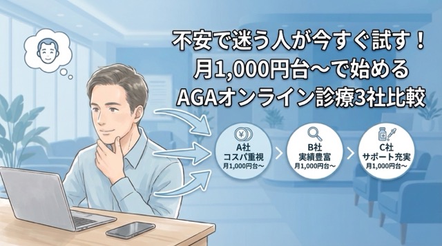不安で迷う人が今すぐ試す！月1,000円台〜で始めるAGAオンライン診療3社比較を解説したアイキャッチ画像