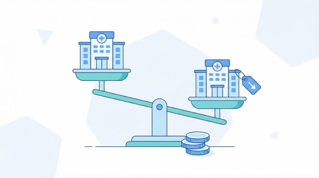 天秤ばかりの左右に異なるクリニック建物アイコンが乗り、安い側にコインスタックアイコンが添えられた料金比較のフラットイラスト