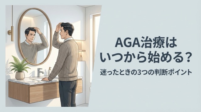 AGA治療を始めるか迷っている人向けに、治療開始の判断ポイントと流れをイラストで解説したアイキャッチ画像