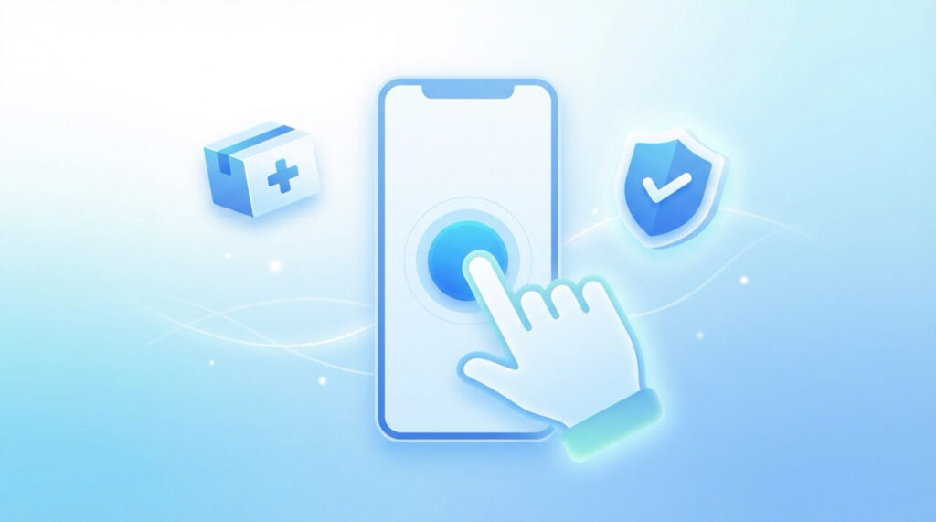 アイコン風の手がスマートフォン画面のスタートボタンをタップし、薬の配送ボックスとチェックマーク付きシールドアイコンが浮かぶ行動促進のフラットイラスト