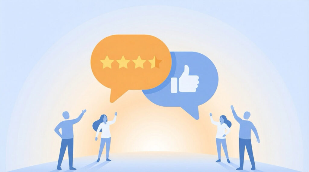 星4つの評価マーク入り吹き出しとサムズアップアイコン入り吹き出しが重なり、下部に自信ある様子の人物シルエットが立つ温かみのあるフラットイラスト