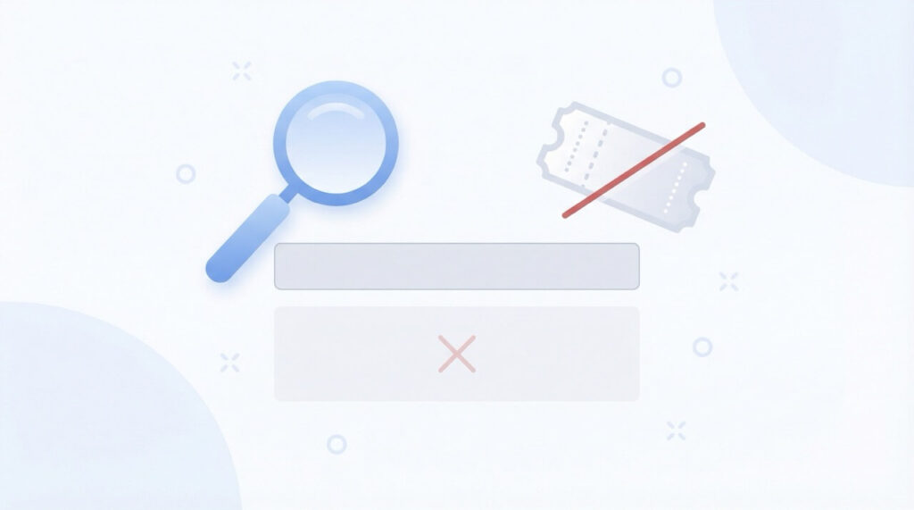 虫眼鏡が空の検索バーにかざされ、検索結果エリアに赤いXマークが表示され、斜線入りのクーポンチケットアイコンが浮かぶフラットイラスト