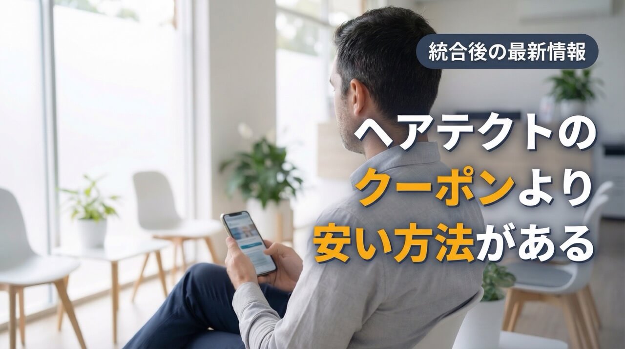 クリニック待合室でスマートフォンを見る30代日本人男性の後ろ姿を背景に「ヘアテクトのクーポンより安い方法がある」「統合後の一番お得な始め方、教えます」のテキストが配置されたアイキャッチ画像