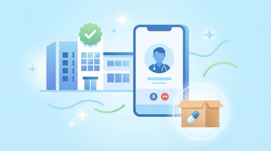 スマートフォンのビデオ通話画面に医師シルエット、隣に緑のチェックマーク付きクリニック建物アイコン、右下に薬カプセル入り配送ボックスが並ぶフラットイラスト