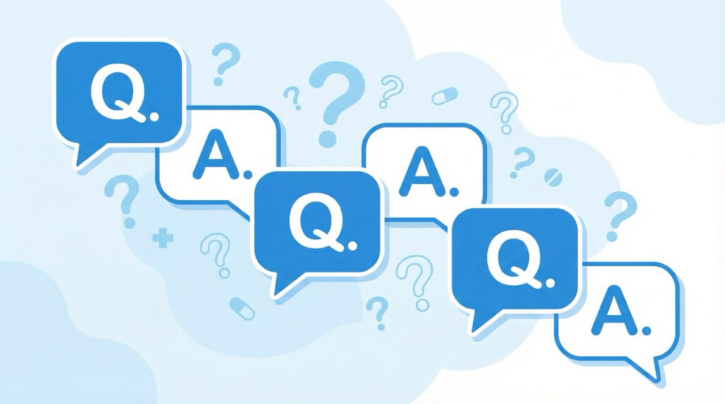 QとAの吹き出しとクエスチョンマークが並ぶ、FAQ用のフラットイラスト