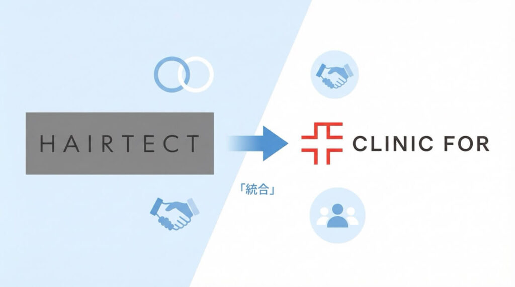 ヘアテクトとクリニックフォアのロゴが矢印でつながれた、グループ統合を示すフラットイラスト