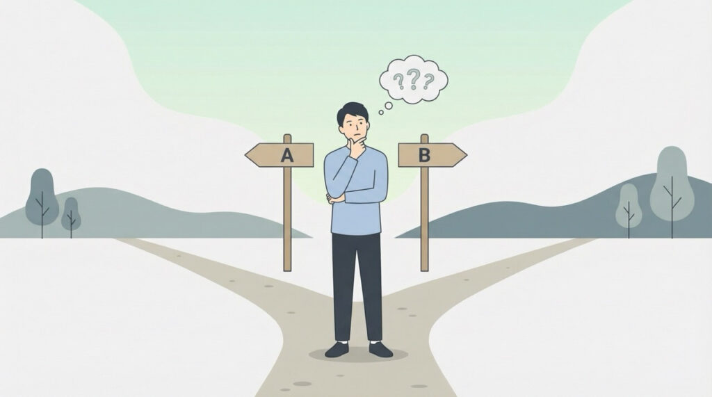 分かれ道の前で考え込む30代男性のフラットイラスト。落ち着いたグレーとグリーンのトーン