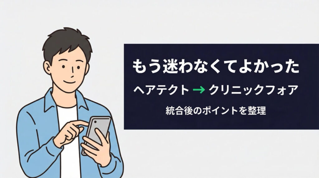 ヘアテクトとクリニックフォアを比較・検討してスマホで確認する男性のイラスト。統合後のポイントを整理した記事のアイキャッチ画像。