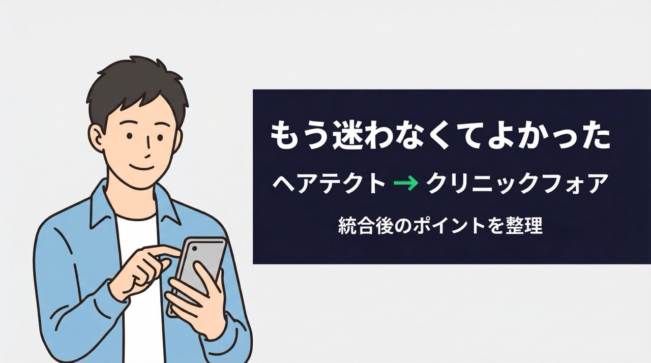 ヘアテクトとクリニックフォアを比較・検討してスマホで確認する男性のイラスト。統合後のポイントを整理した記事のアイキャッチ画像。