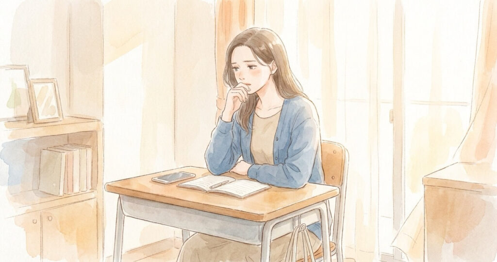 内面の葛藤と迷いを抱えながらも前向きに考える女性。相談を始めることへの複雑な心境を表現した優しい水彩画調のイラスト