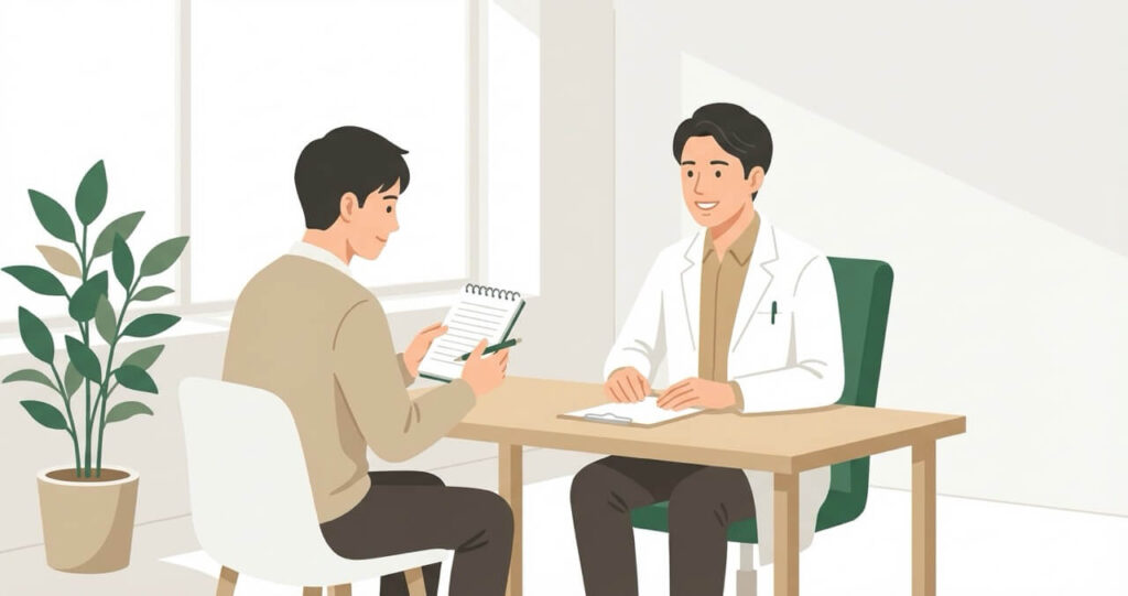 メモ帳を持って医師と良好にコミュニケーションする男性