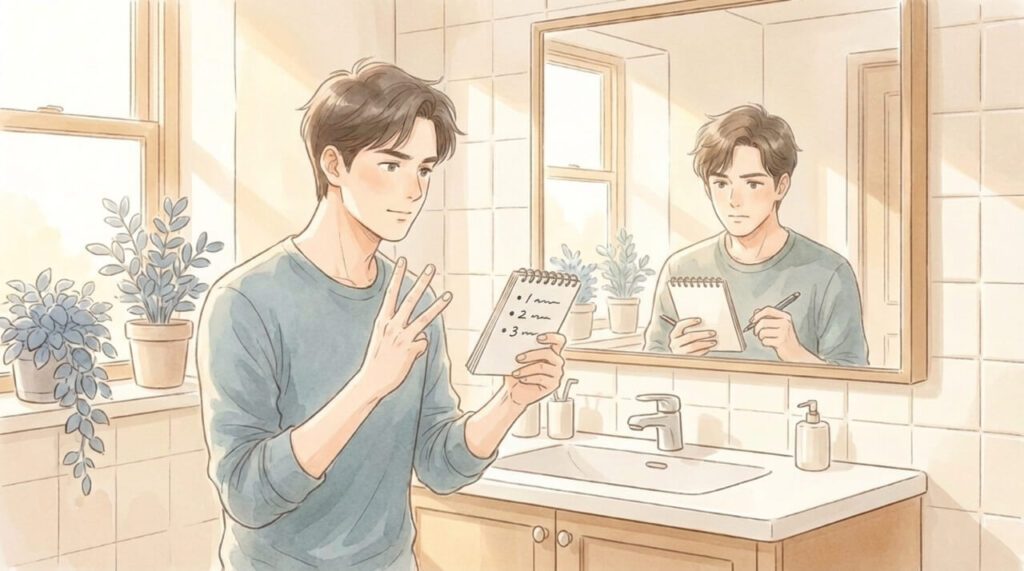 3本の指を立てるかメモを見る自信に満ちた30代男性。診察前に3つの質問を準備する様子を表現した水彩画調のイラスト