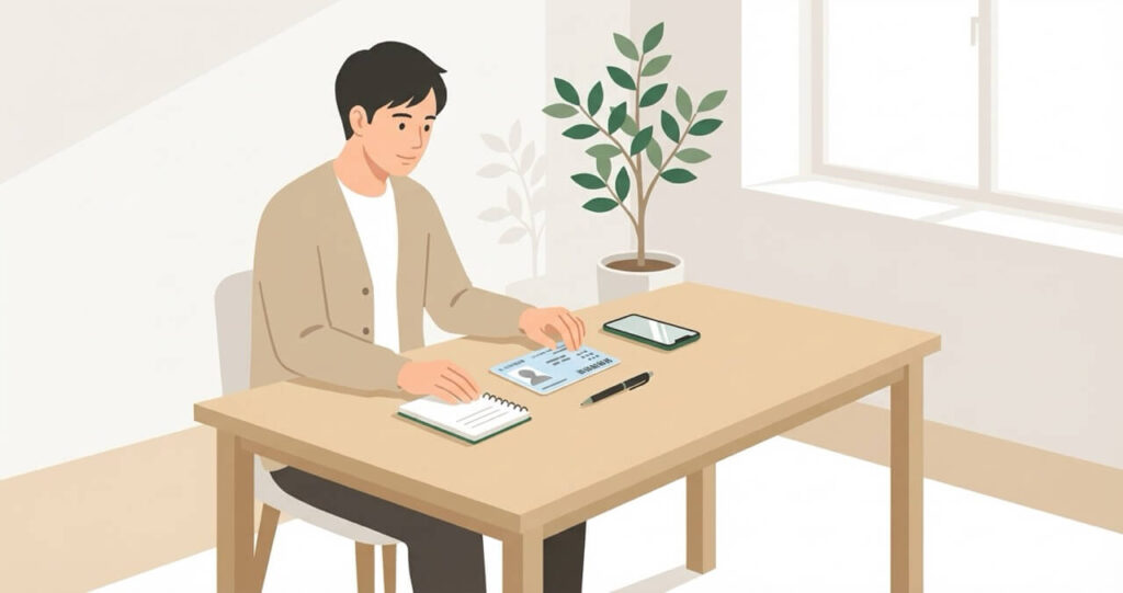 保険証、メモ帳、ペン、スマホを整理する男性