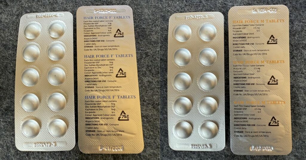 DMMオンラインクリニックから届いたフィナステリドのPTPシートの表面と裏面