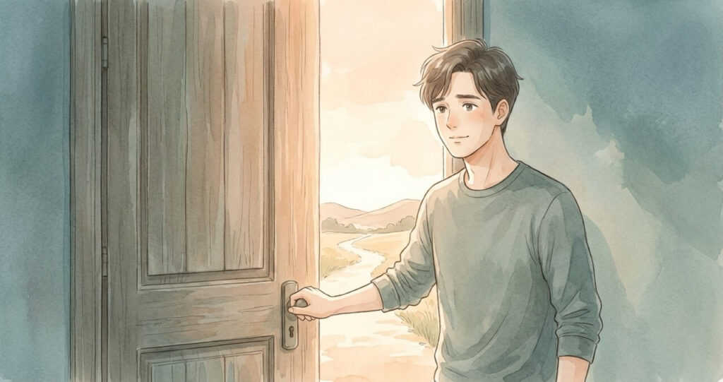 ドアを開けて新しい可能性に向かう男性。まずは試して合うか確かめてみる一歩を表現した水彩画調のイラスト