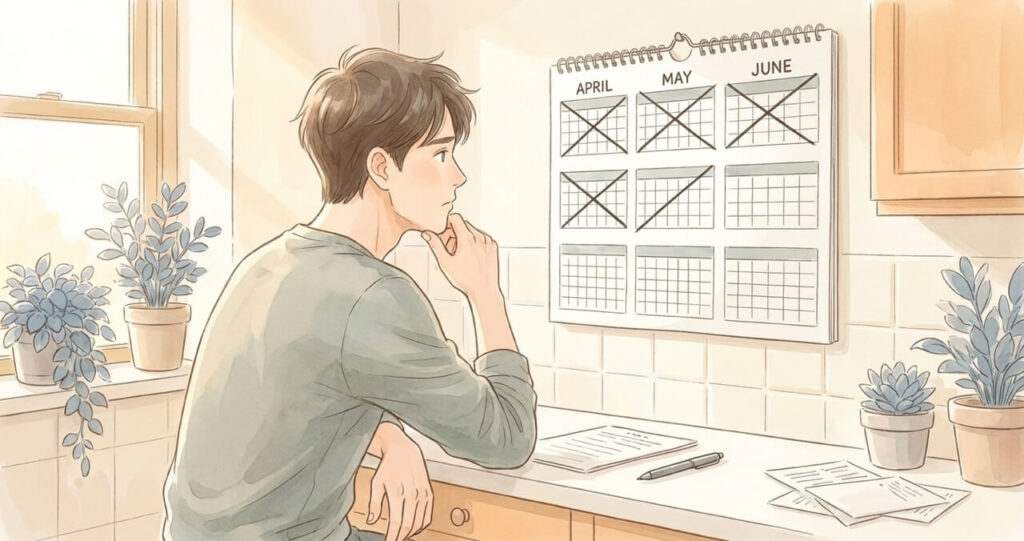 カレンダーや時計を見ながら3ヶ月の経過を振り返る男性。「様子を見る」と決めた後の変化を表現した水彩画調のイラスト