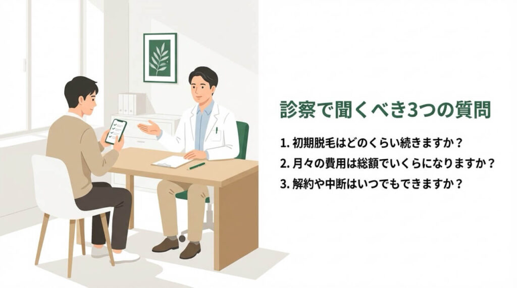 診察室で医師と向き合いスマホを持つ30代日本人男性。右側に「診察で聞くべき3つの質問」のタイトルと質問リストのイラスト