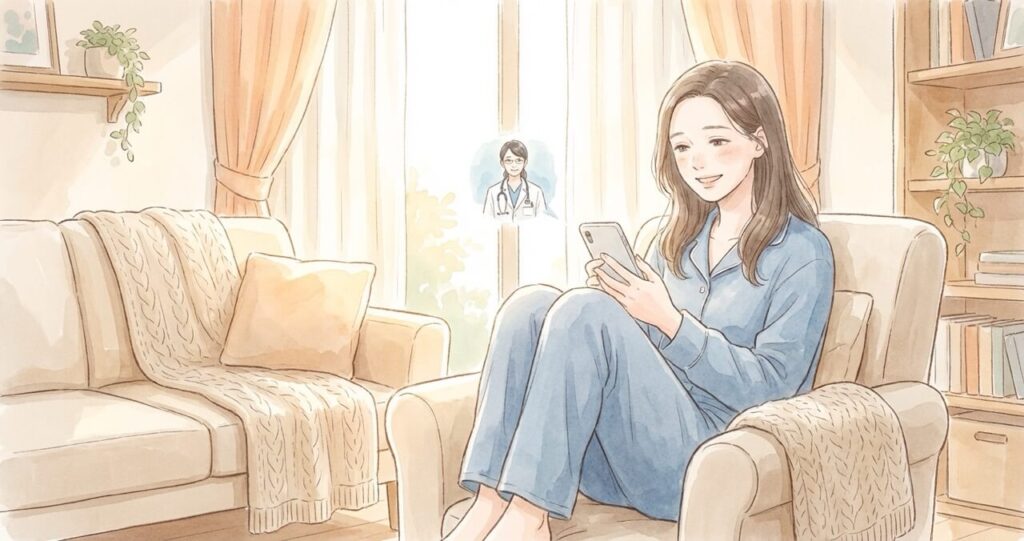 自宅でスマホを持ち安心した表情の女性。オンライン診察で自宅に薬が届く仕組みを知った安心感を表現した優しい水彩画調のイラスト