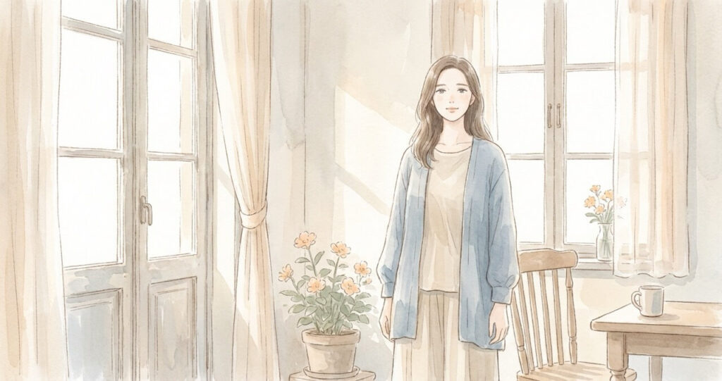 穏やかな表情で前を向く女性。揺れ続ける気持ちから少し距離を置いた平穏な心境を表現した優しい水彩画調のイラスト