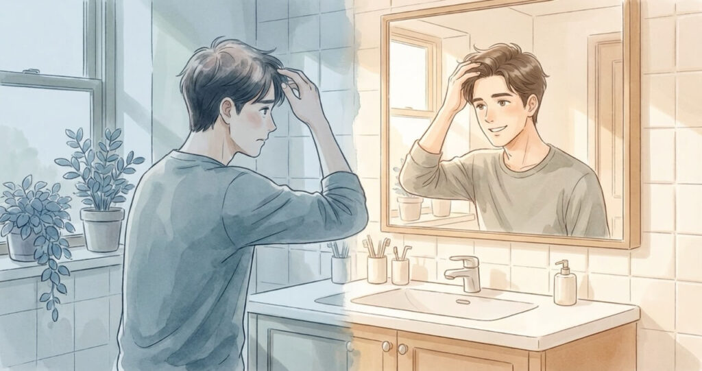 後悔する様子と行動する様子を対比した構図。半年後に後悔する人と今日動いた人の違いを表現した水彩画調のイラスト