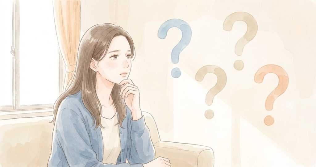 考え込む表情で疑問に向き合う女性。始める前に気になる3つのことを思案している様子を表現した優しい水彩画調のイラスト
