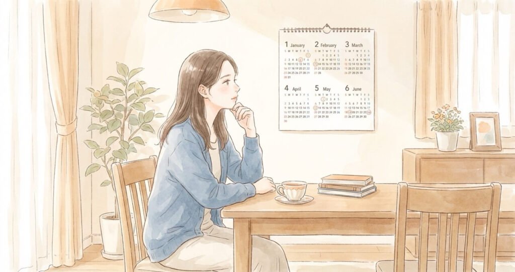 カレンダーを見ながら半年間を振り返る女性。「様子見」で過ごした期間の変化を考える様子を表現した優しい水彩画調のイラスト