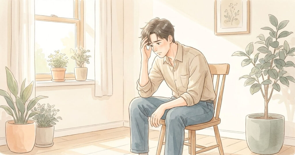 考え込むように頭に手を添える男性。「まだ大丈夫」と思いたいのに不安だけは消えない心情を表現した水彩画調のイラスト
