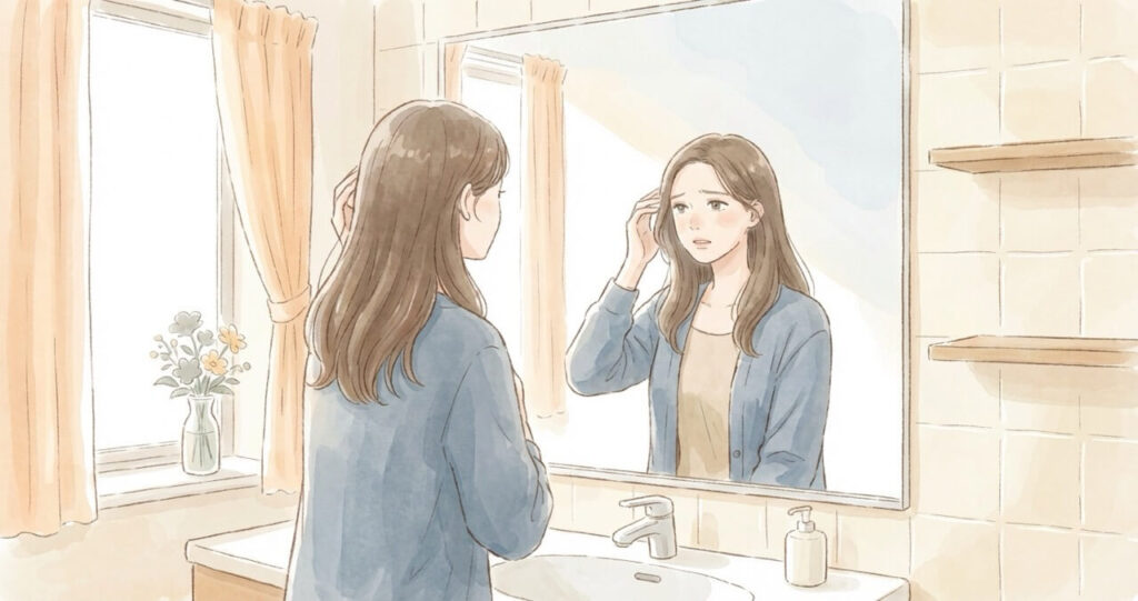 朝のバスルームで鏡の前に立ち、髪を気にする女性。「前と違う」と感じ始めた不安な気持ちを表現した優しい水彩画調のイラスト